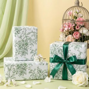Green Floral Wrapping Paper Roll - 17 Inches x 9.8 Feet - Vintage Green Wrapping Paper for Birthday, Wedding, Bridal Shower, Chrismtas and Mother's Day